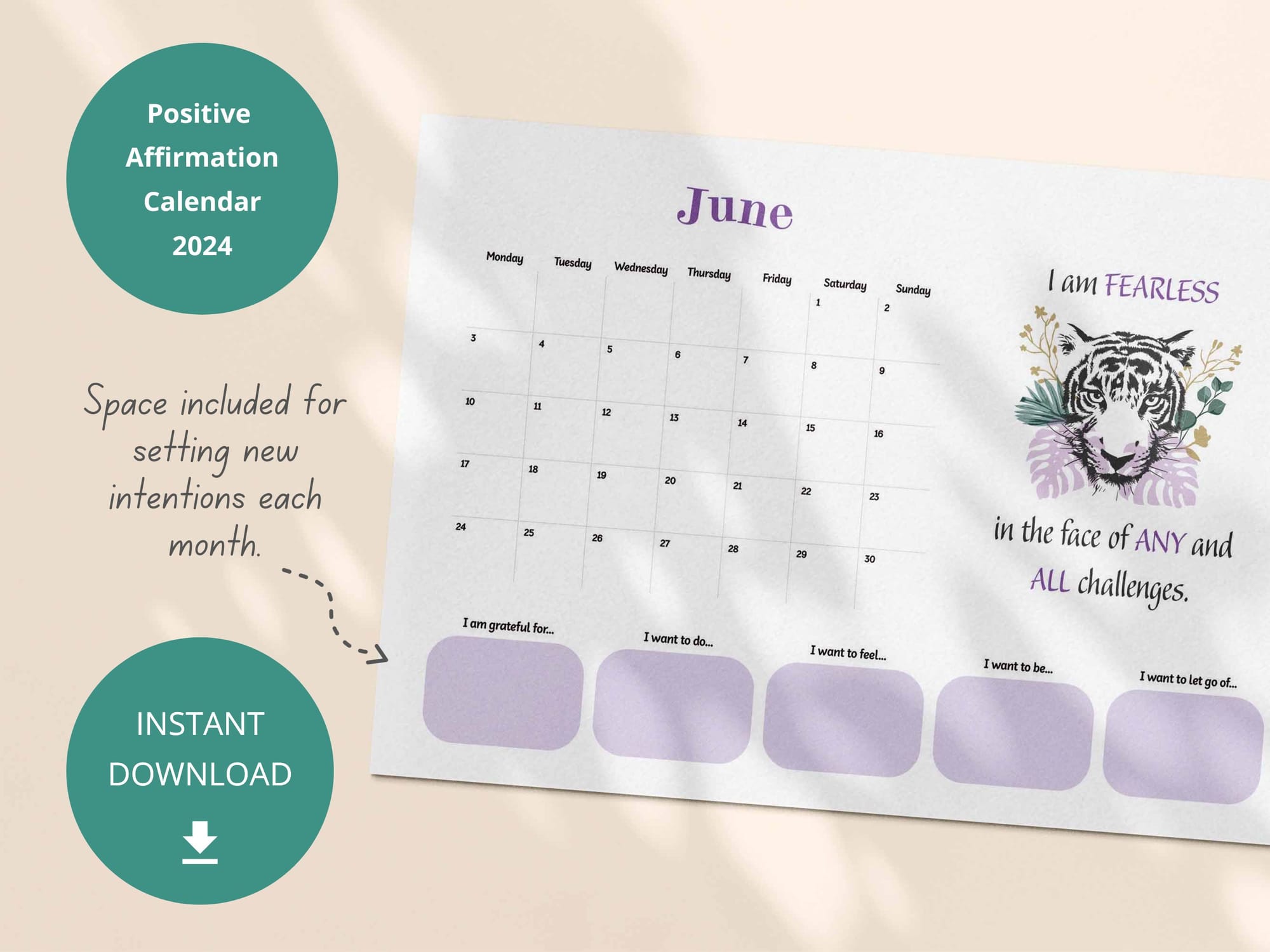 Printable positive affirmation calendar 2024 - with space for setting monthly intentions.