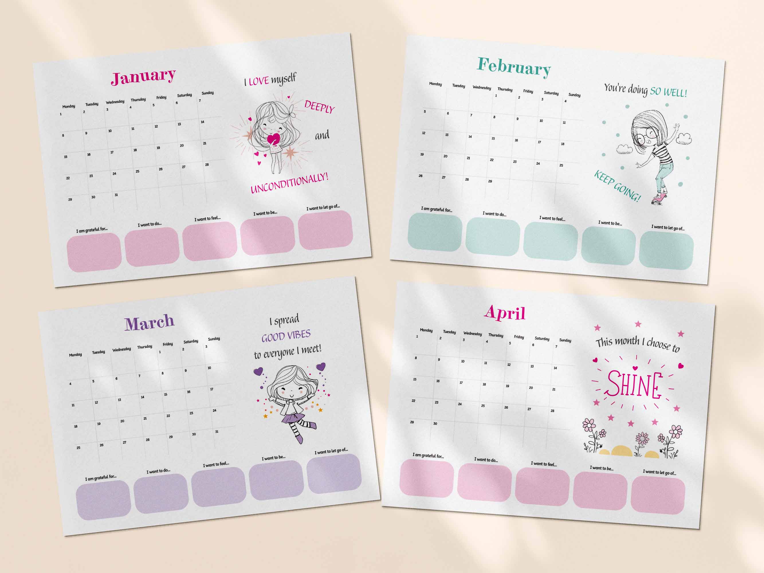 Printable positive affirmation calendar 2024 - January, February, March. 