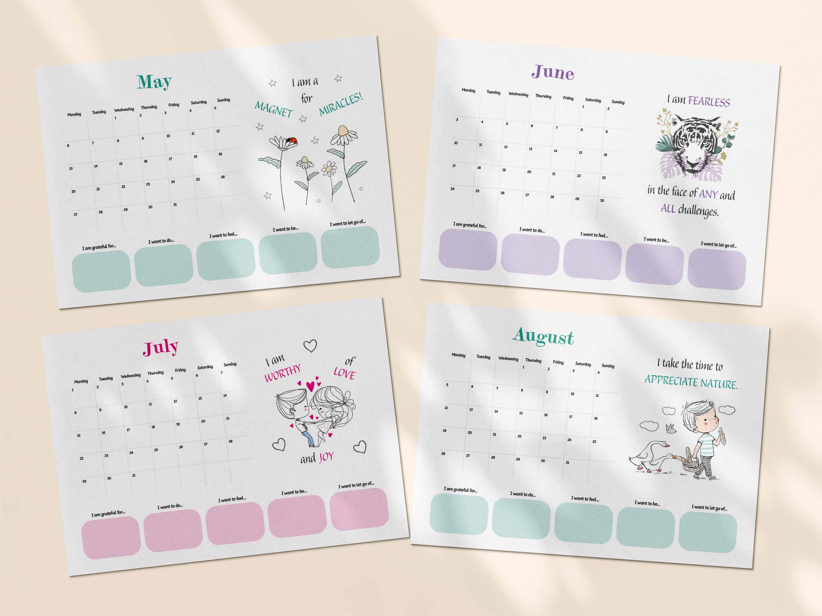 Printable positive affirmation calendar 2024 - April, May, June. 