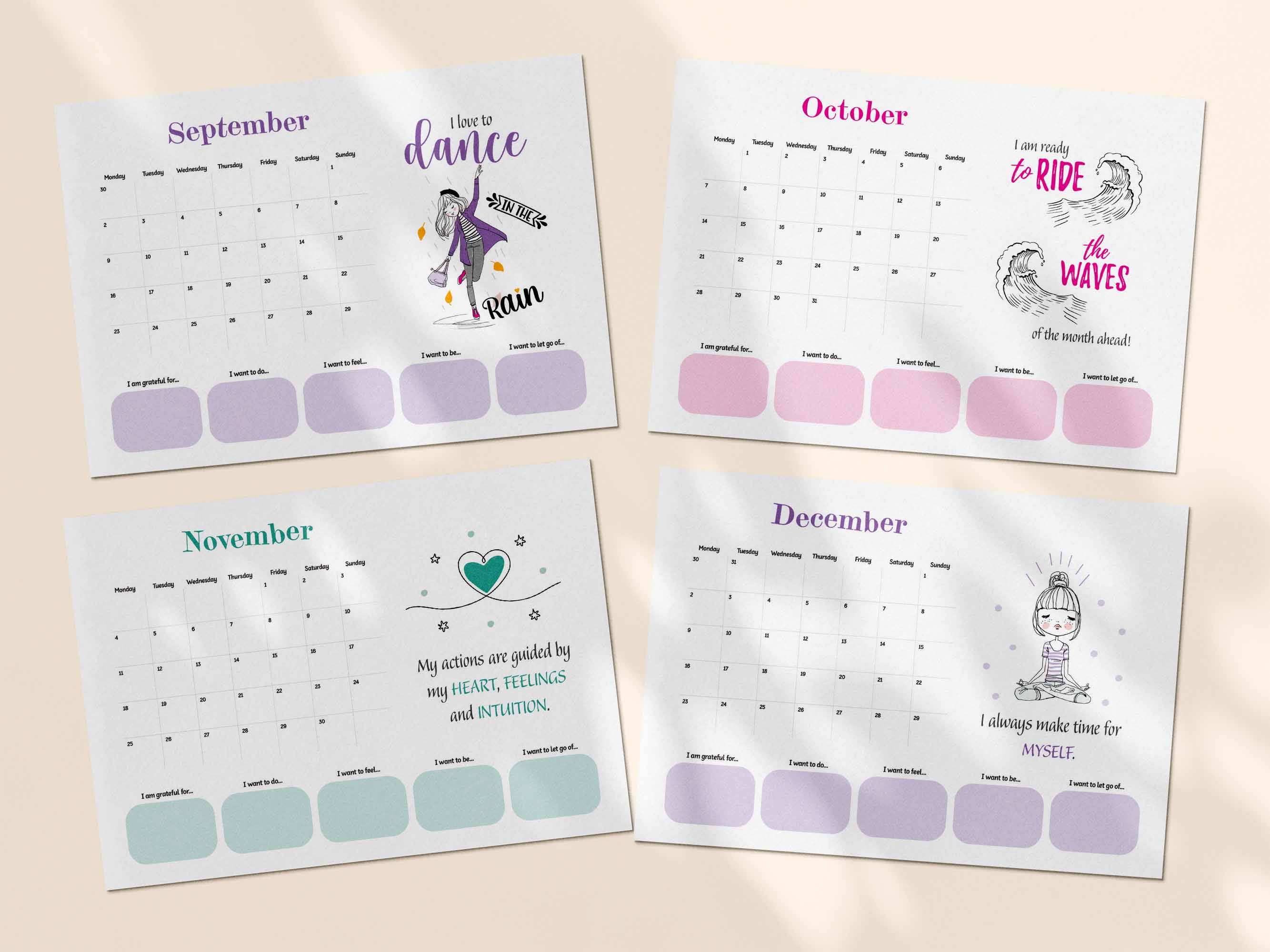 Printable positive affirmation calendar 2024 - July, August, September. 