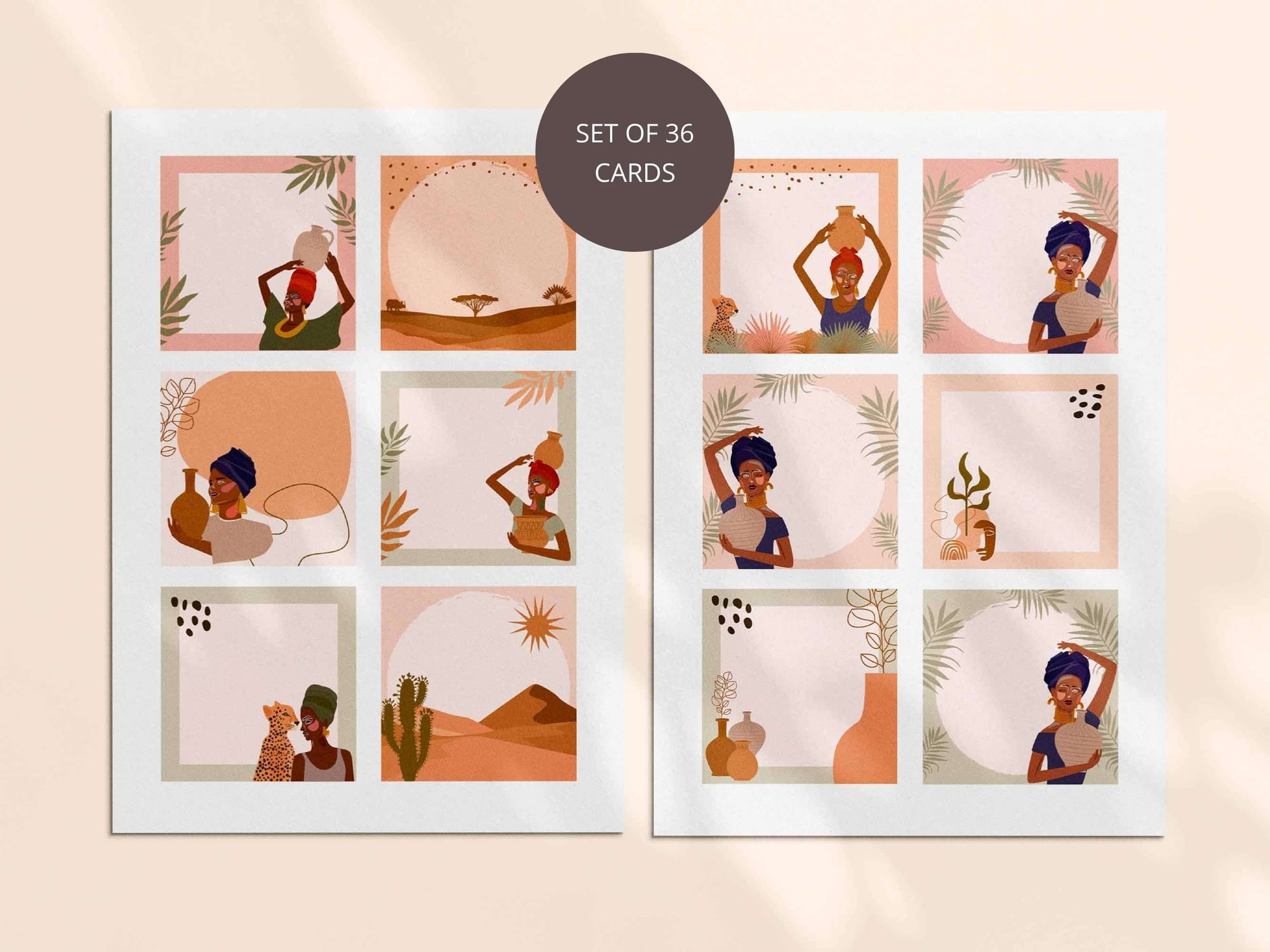 36 printable blank affirmation cards in boho design style, featuring beautiful black women. 