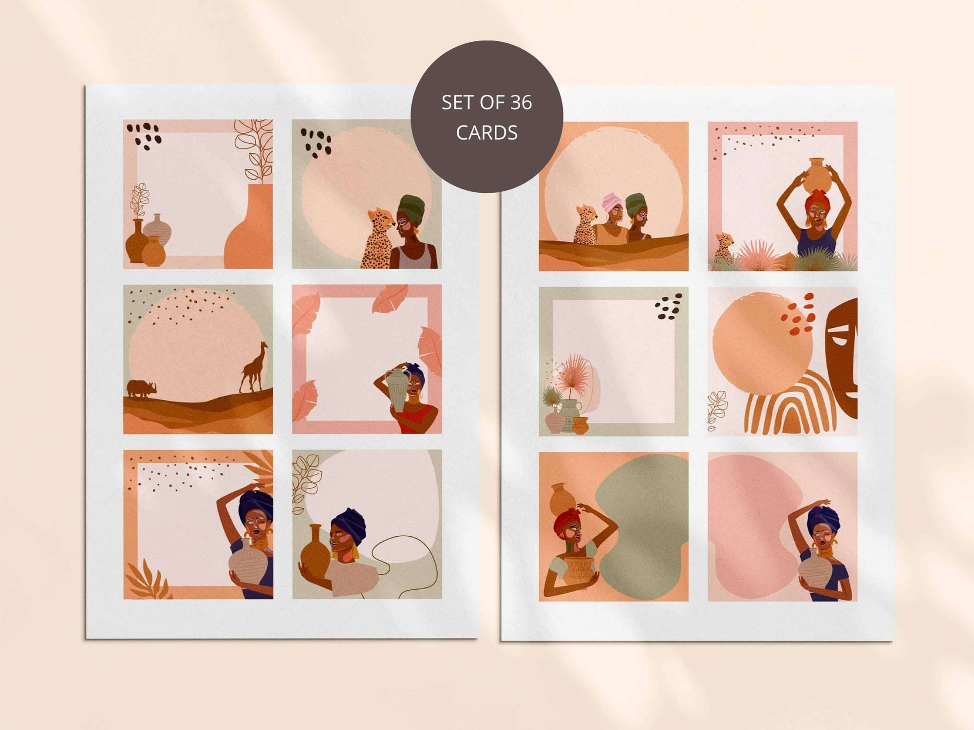 36 printable blank affirmation cards in boho design style, featuring beautiful black women. 
