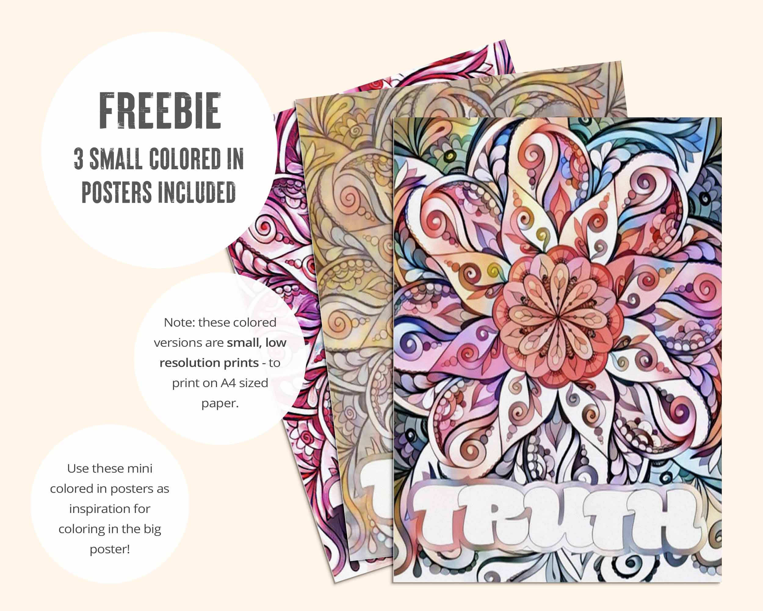 Mini colored in example posters are included to inspire your own coloring. Note: these colored versions are small, low resolution prints - to print on A4 sized paper.