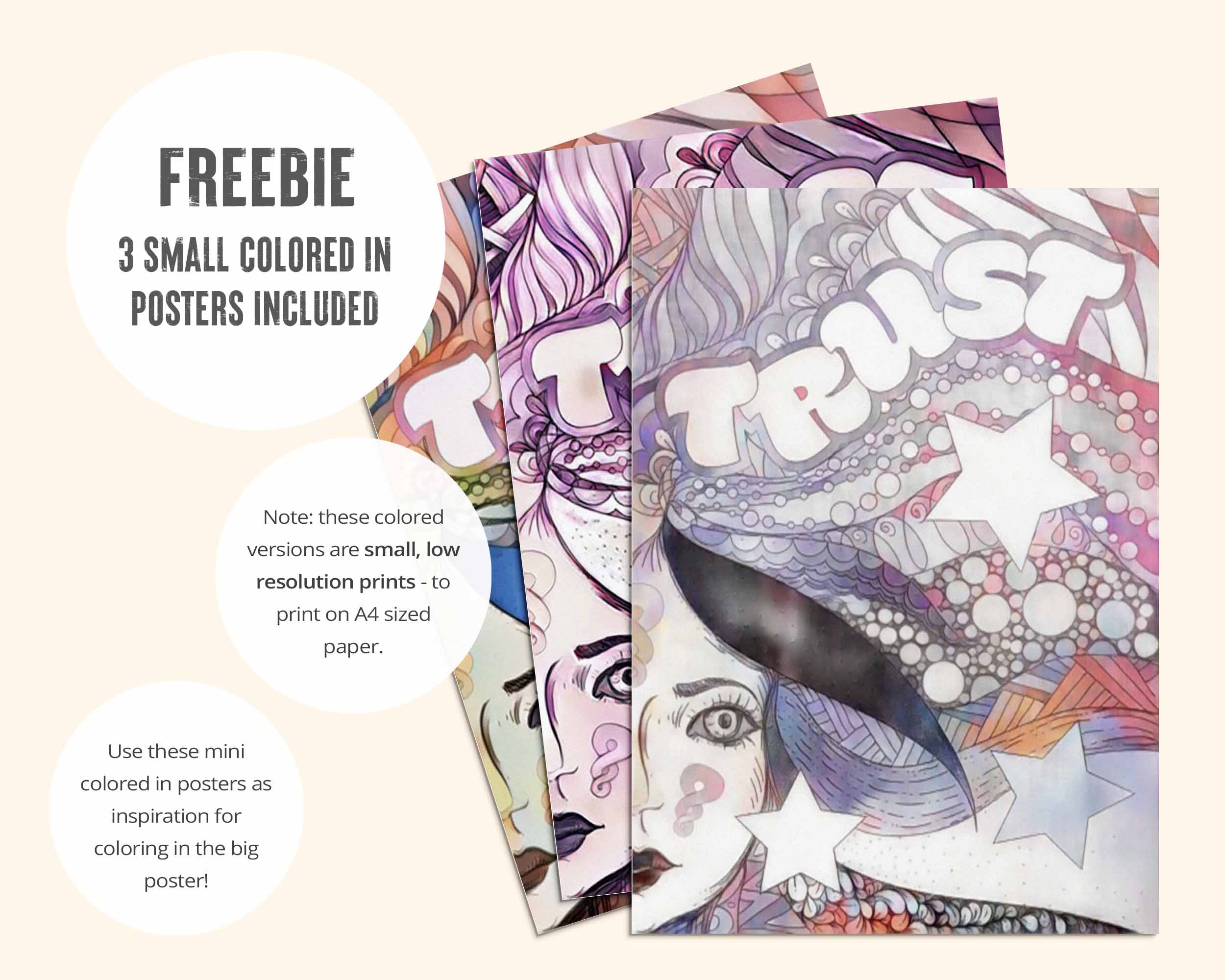 Mini colored in example posters are included to inspire your own coloring. Note: these colored versions are small, low resolution prints - to print on A4 sized paper.