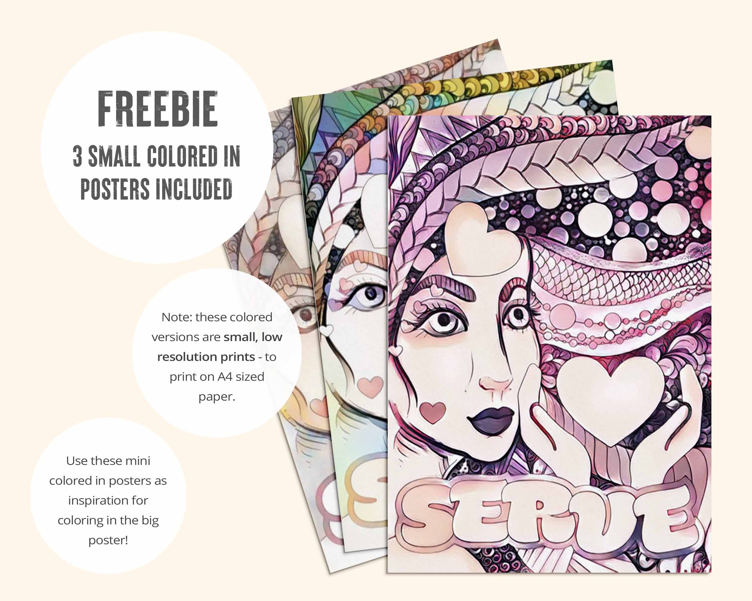 Mini colored in example posters are included to inspire your own coloring. Note: these colored versions are small, low resolution prints - to print on A4 sized paper.