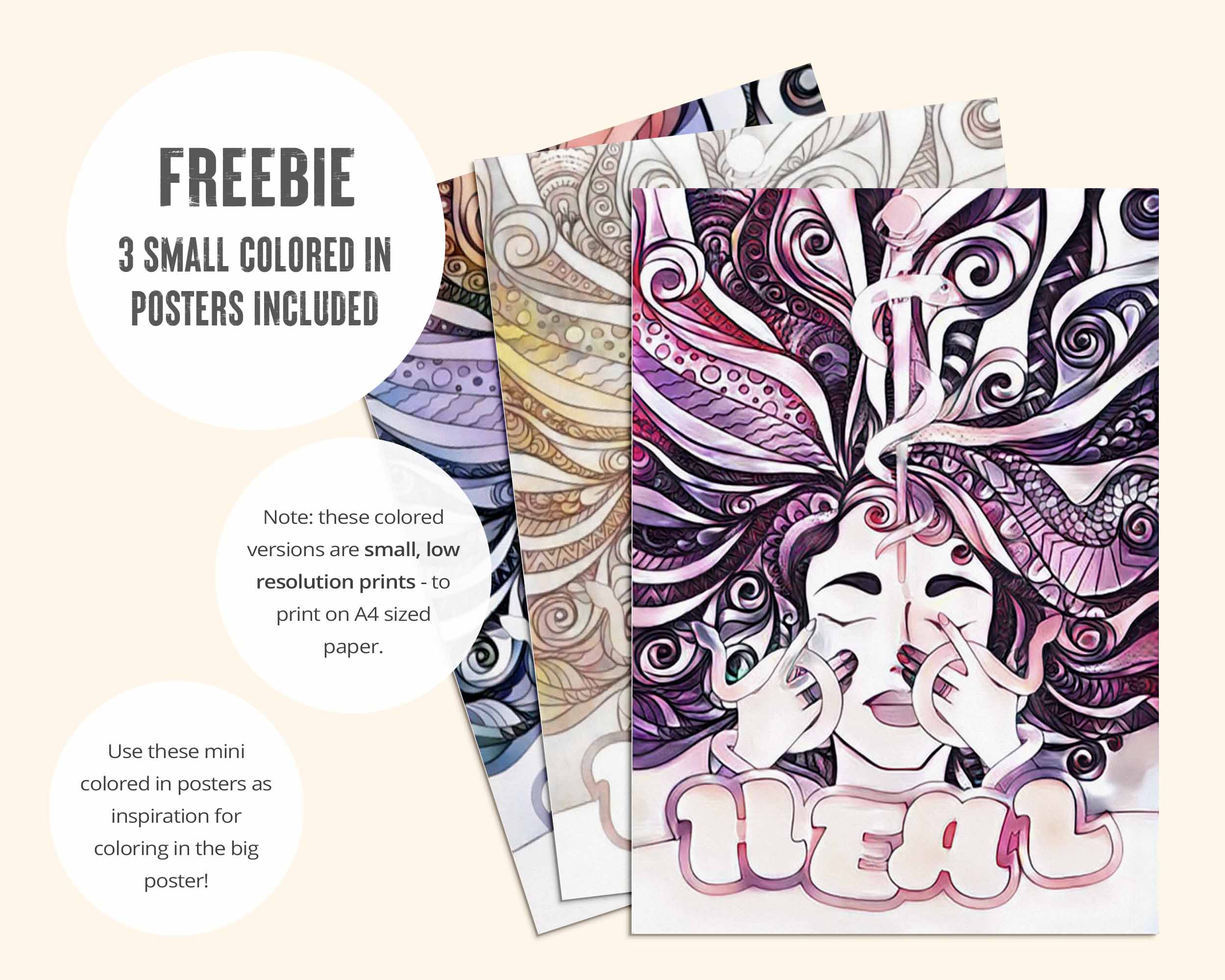 Mini colored in example posters are included to inspire your own coloring. Note: these colored versions are small, low resolution prints - to print on A4 sized paper.