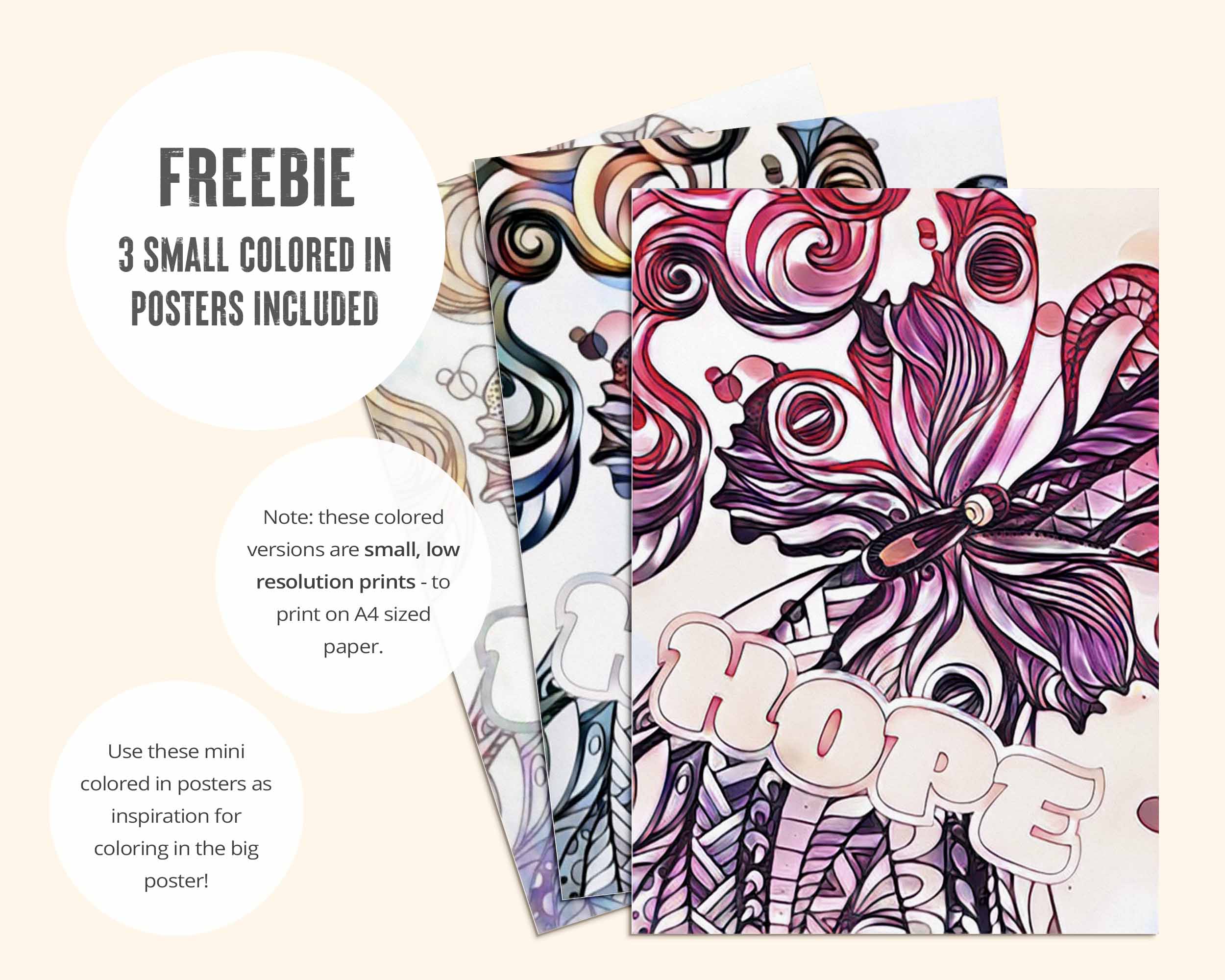 Mini colored in example posters are included to inspire your own coloring. Note: these colored versions are small, low resolution prints - to print on A4 sized paper.