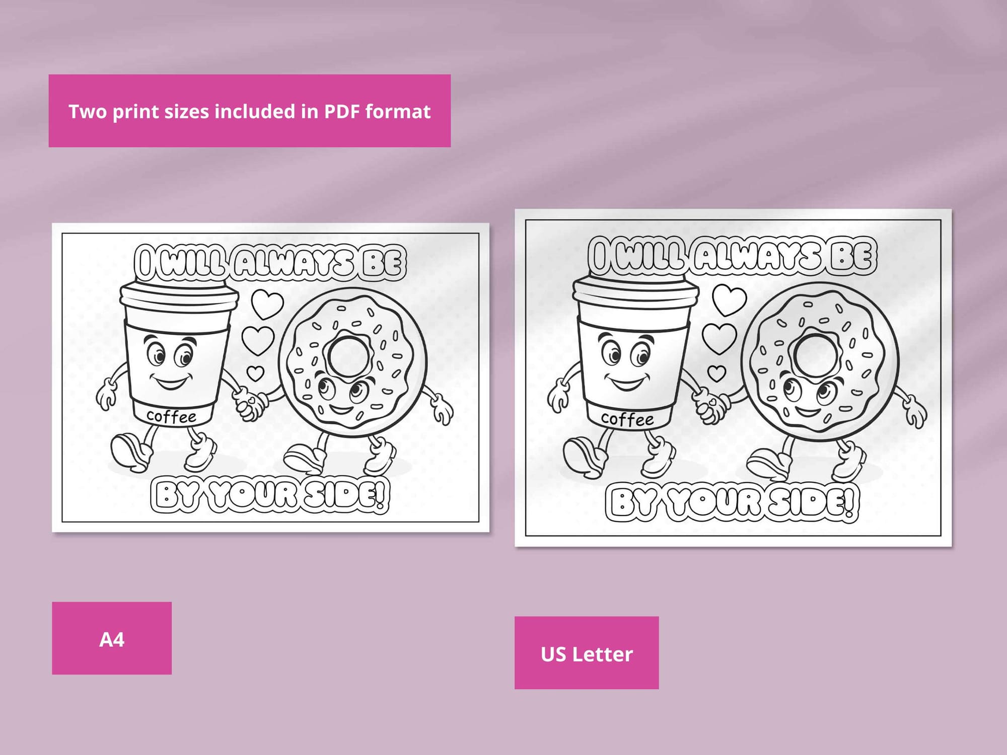 Coloring page is provided in PDF format, and A4 and US Letter print sizes.