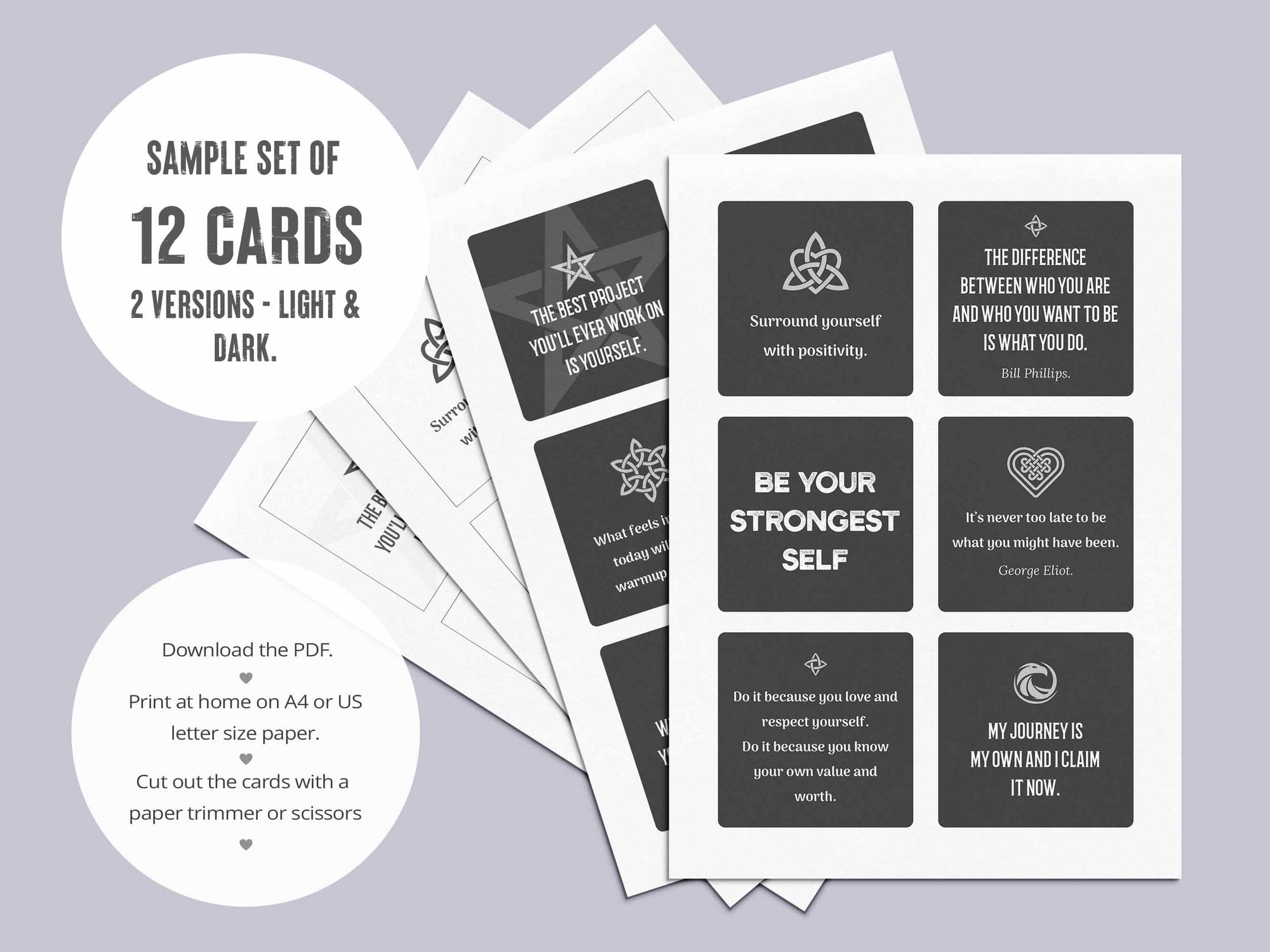 Printable PDF with 12 positive affirmation cards for men laid out 6 per page.