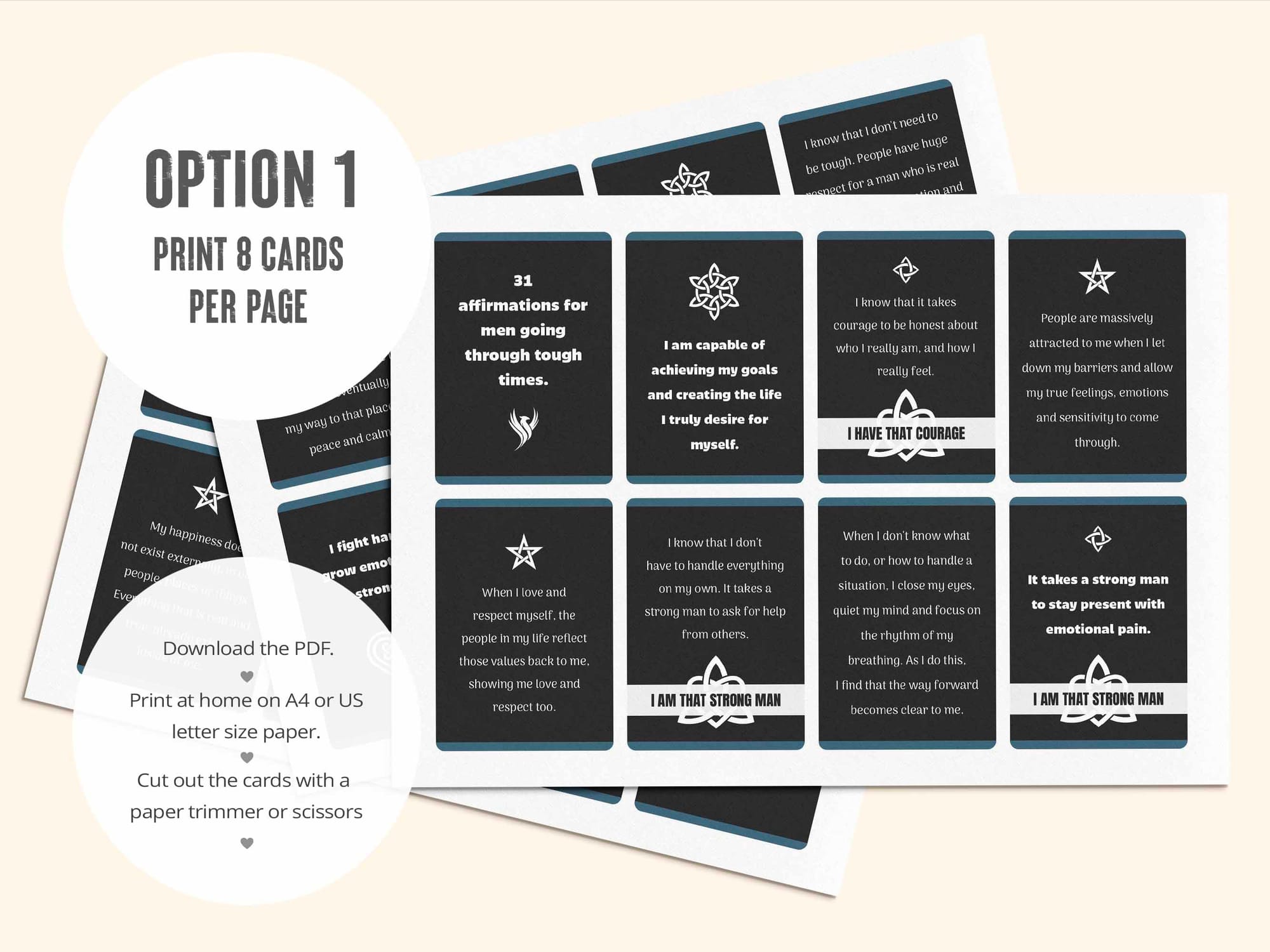 The first PDF has all 31 positive affirmation cards for men laid out 8 per page.
