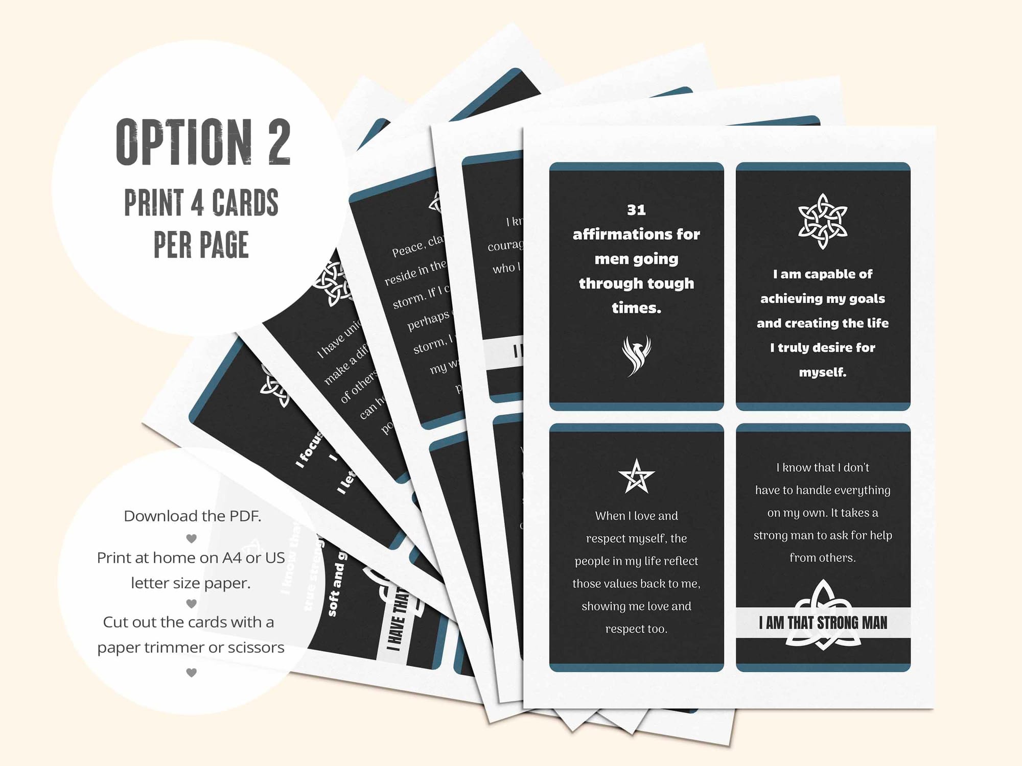 The second PDF has all 31 positive affirmation cards for men laid out 4 per page.