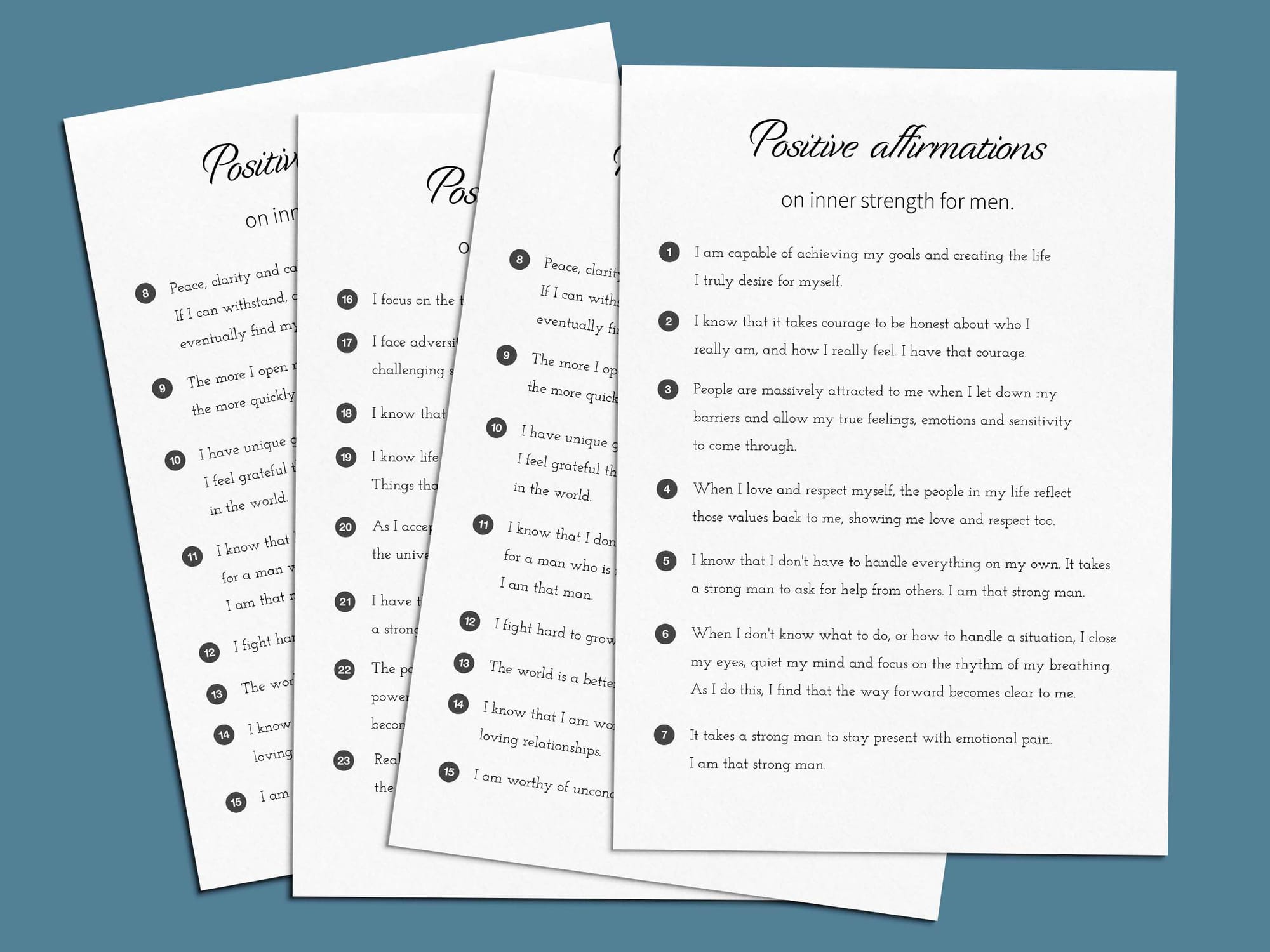 31 printable positive affirmations for men - download the PDF and print at home.