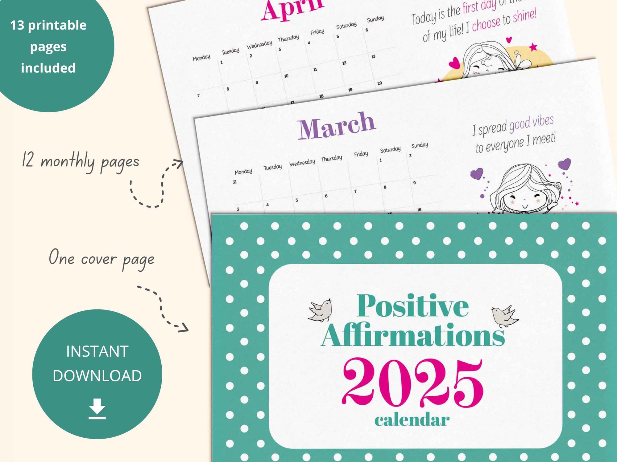 The calendar includes 13 printable pages in total - 12 monthly pages plus one cover page.