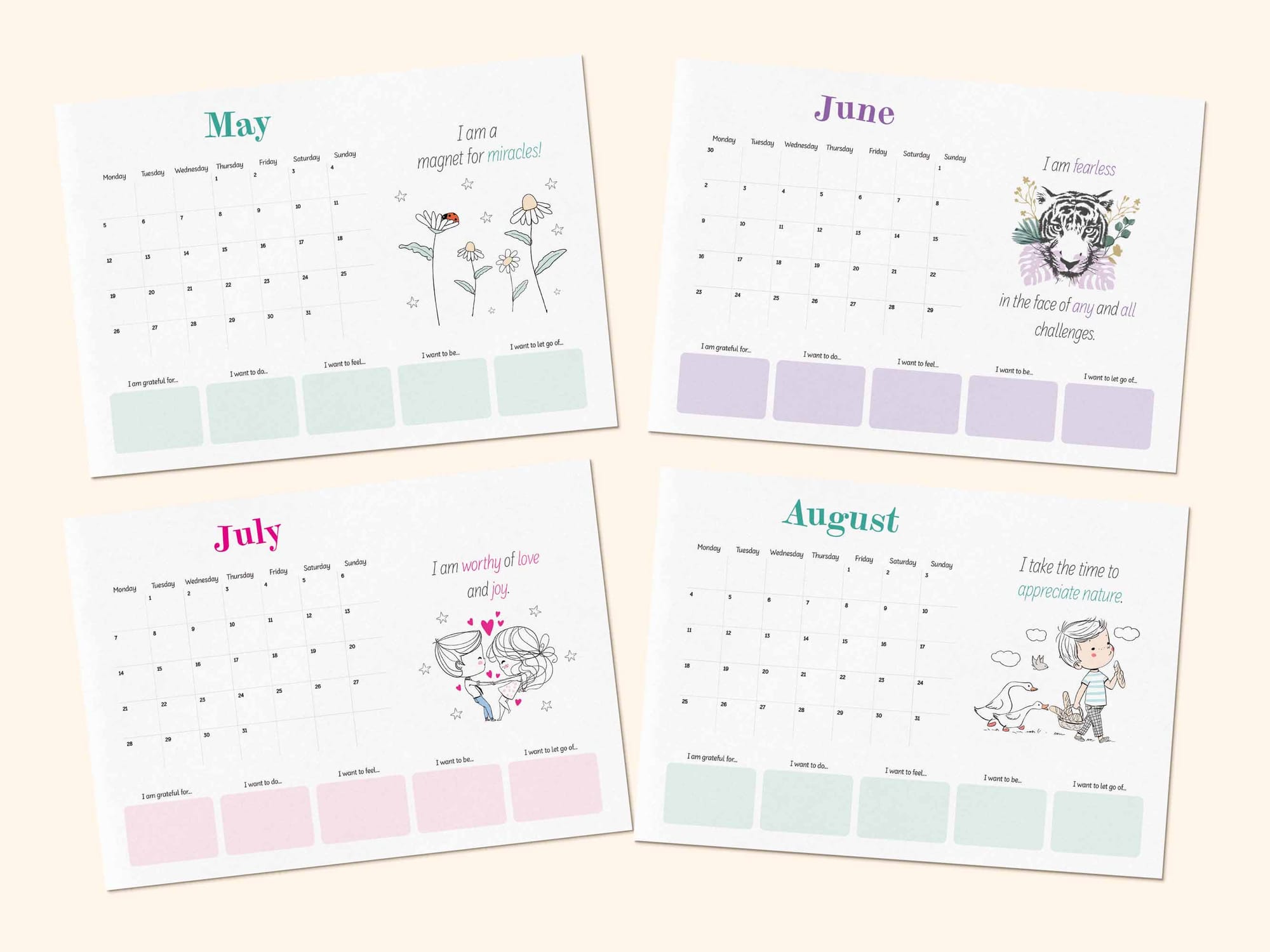 Printable positive affirmation calendar 2025 - May, June, July, August.
