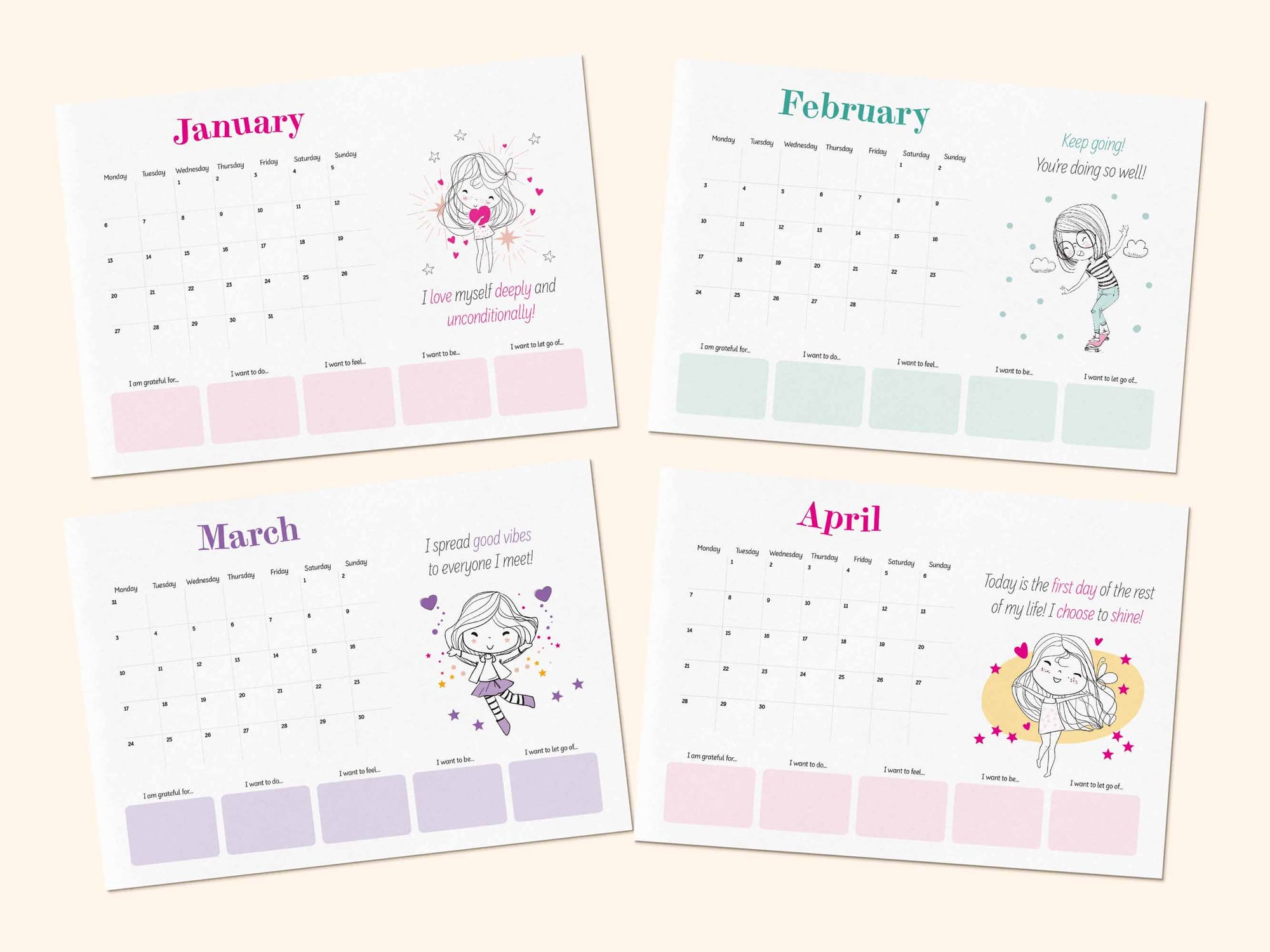 Printable positive affirmation calendar 2025 - January, February, March, April.