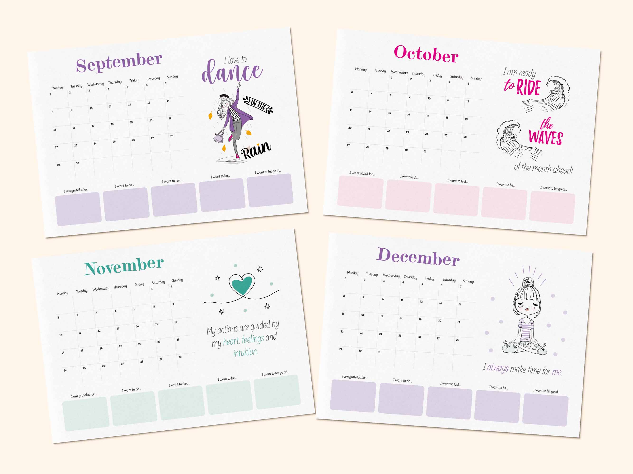 Printable positive affirmation calendar 2025 - September, October, November, December.