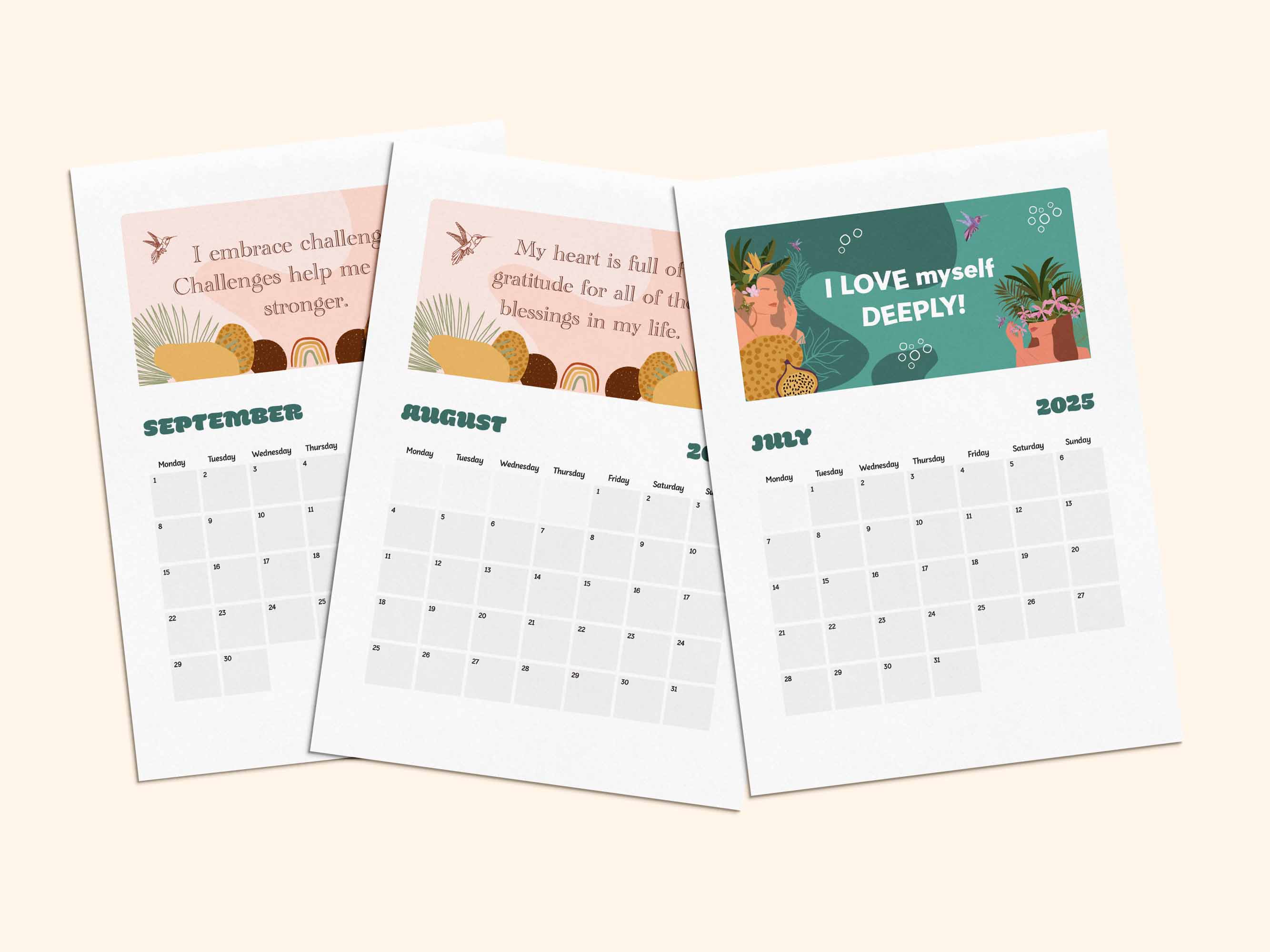 Printable positive affirmation calendar 2025 - July, August, September.