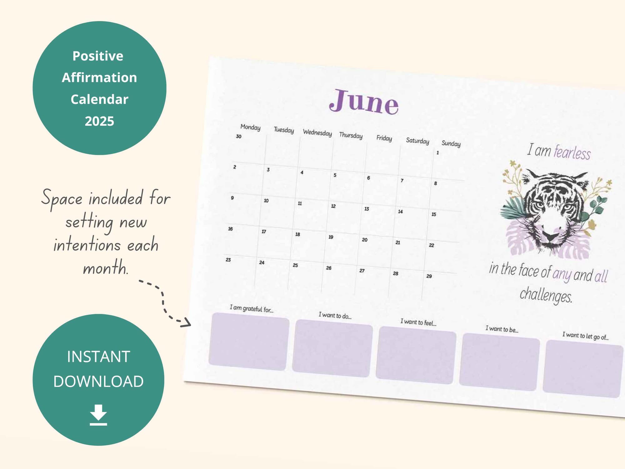 Printable positivity calendar 2025 - with space for setting monthly intentions.