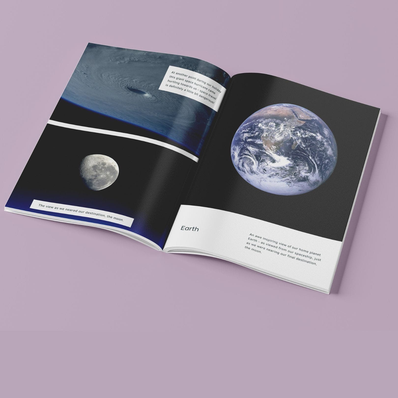 A sample photo book page, displaying a space hurricane, the moon and our planet Earth. Images courtesy of NASA.