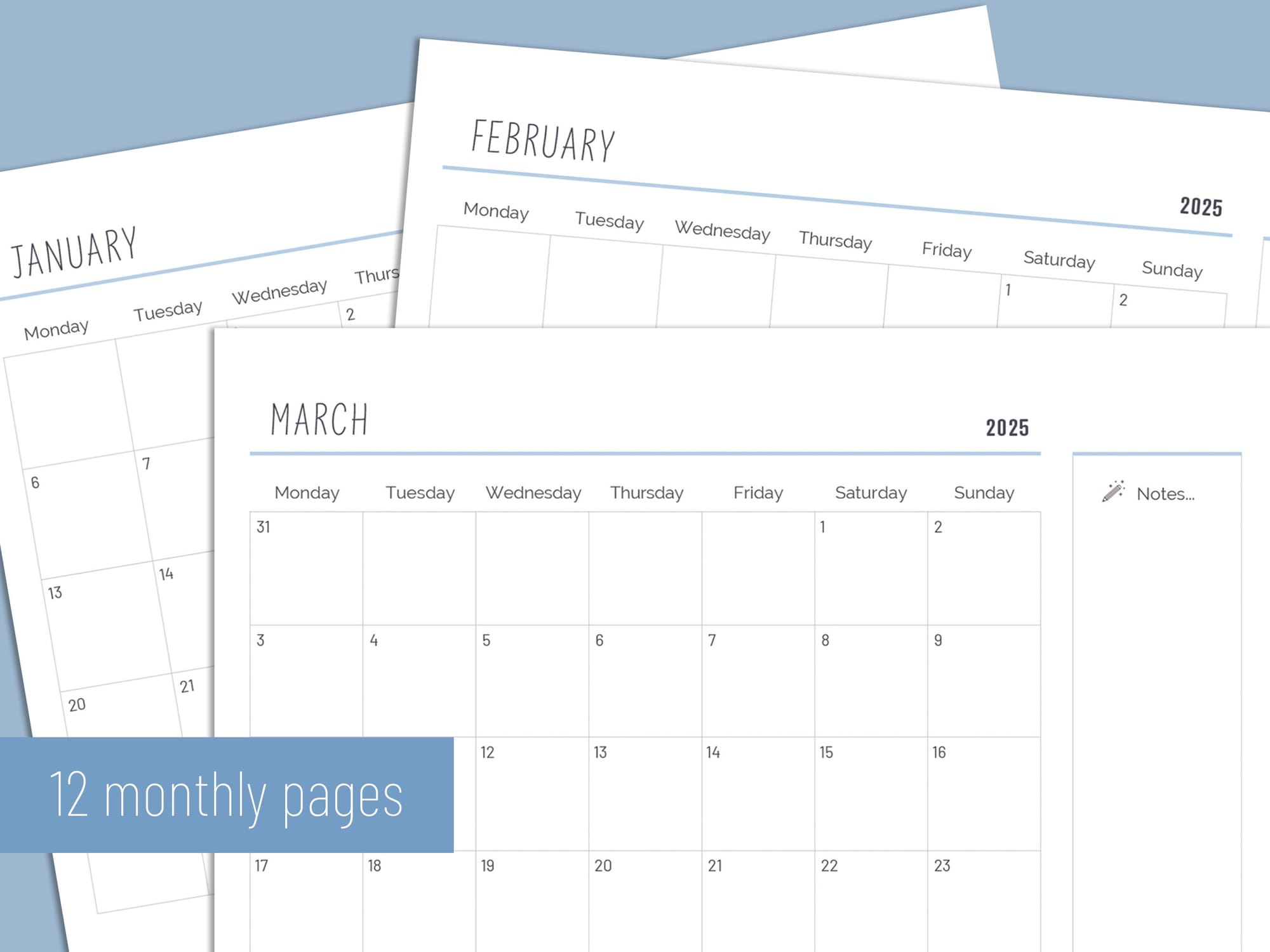 2025 printable calendar with 12 monthly pages