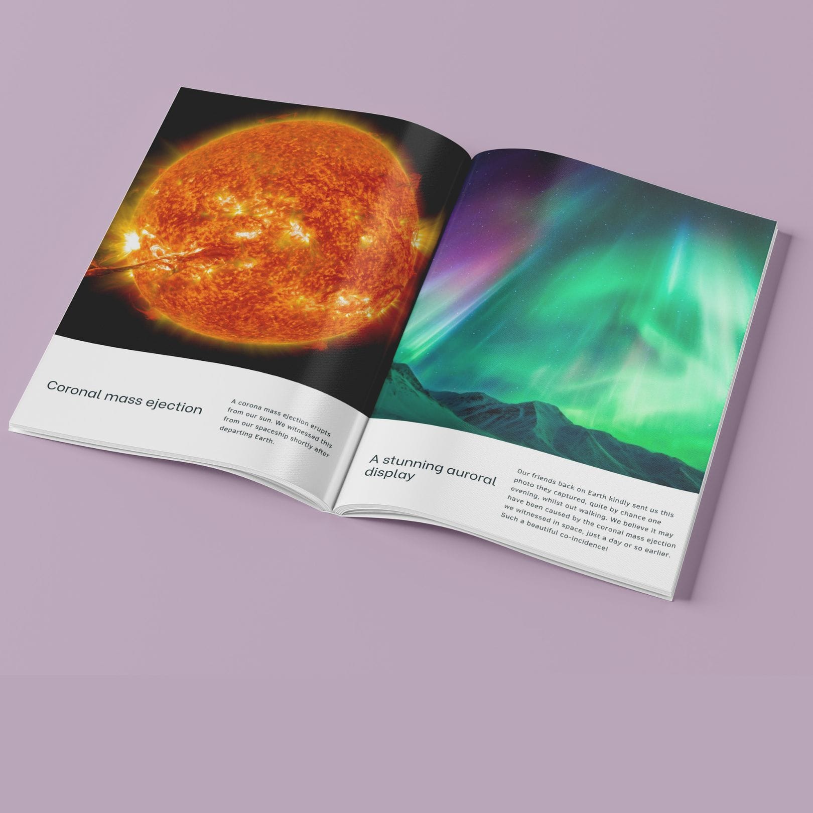 A sample photo book page, displaying a coronal mass ejection and an auroral display, images courtesy of NASA.
