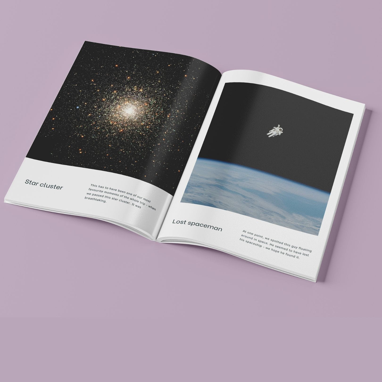 A sample photo book page, displaying a star cluster and a lost spaceman, images courtesy of NASA.