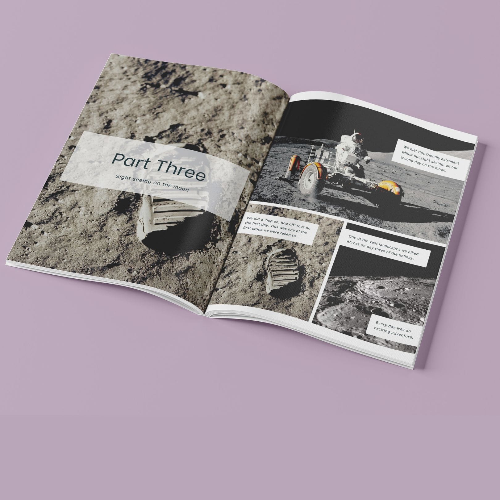 Sight seeing on the moon, including a photo of Neil Armstrong's bootprint from the Apollo 11 mission in 1969. Images courtesy of NASA.