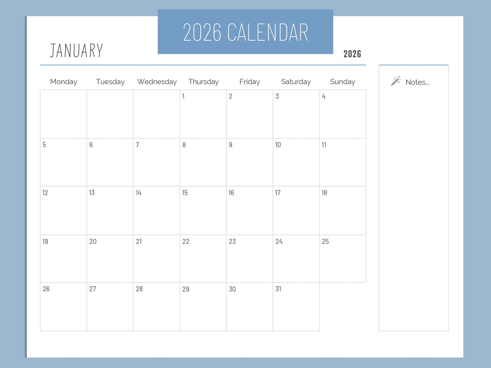 2026 monthly calendar