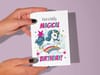 Printable unicorn birthday card for kids with quote, "Have a totally magical birthday!"