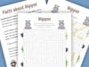 Printable hippo word search for kids, with fun hippo fact sheet included.
