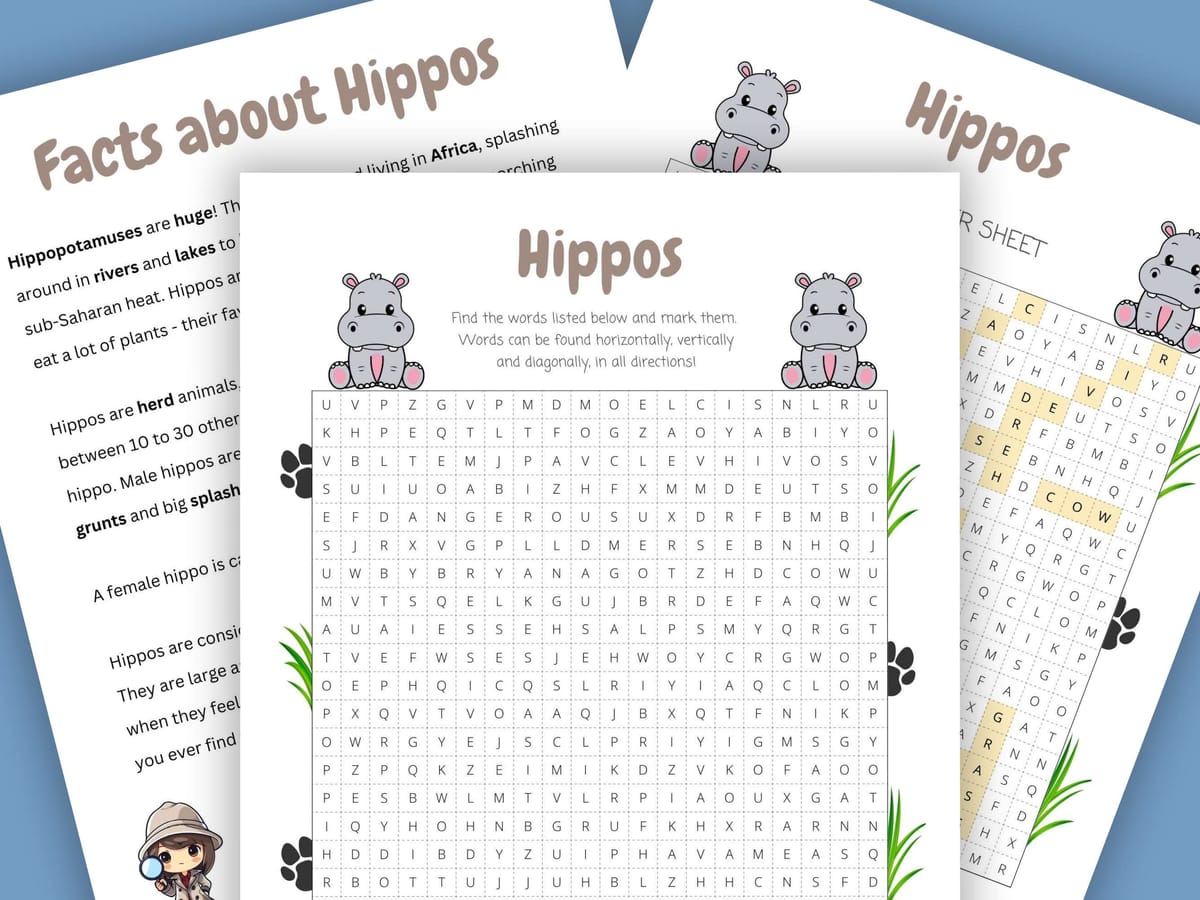 Printable hippo word search for kids